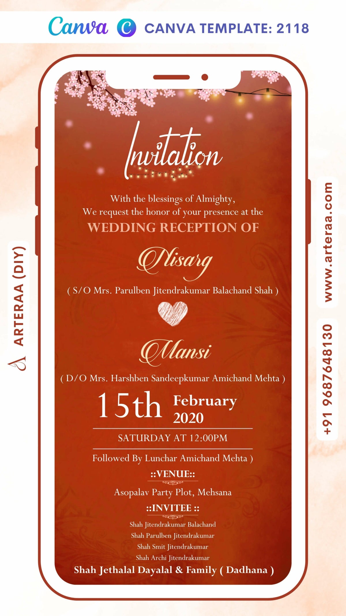 Wedding ceremony invitation card Canva Editable Template of hindu gujarati patel family in english language with minimalistic theme Canva Editable Template design 2118