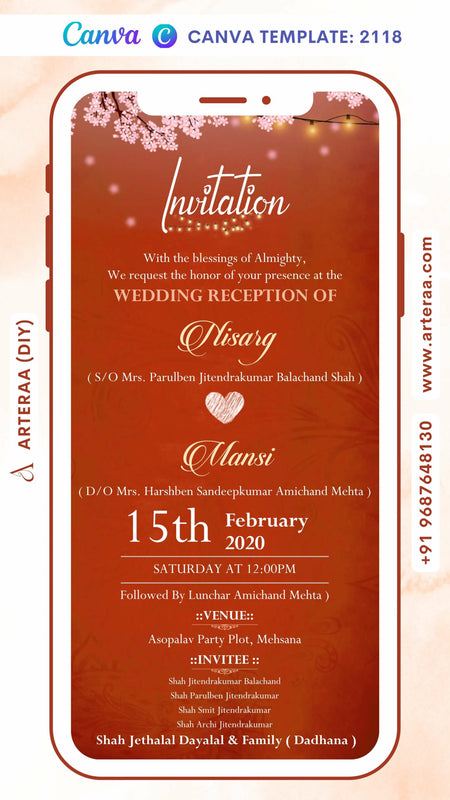 Wedding ceremony invitation card Canva Editable Template of hindu gujarati patel family in english language with minimalistic theme Canva Editable Template design 2118
