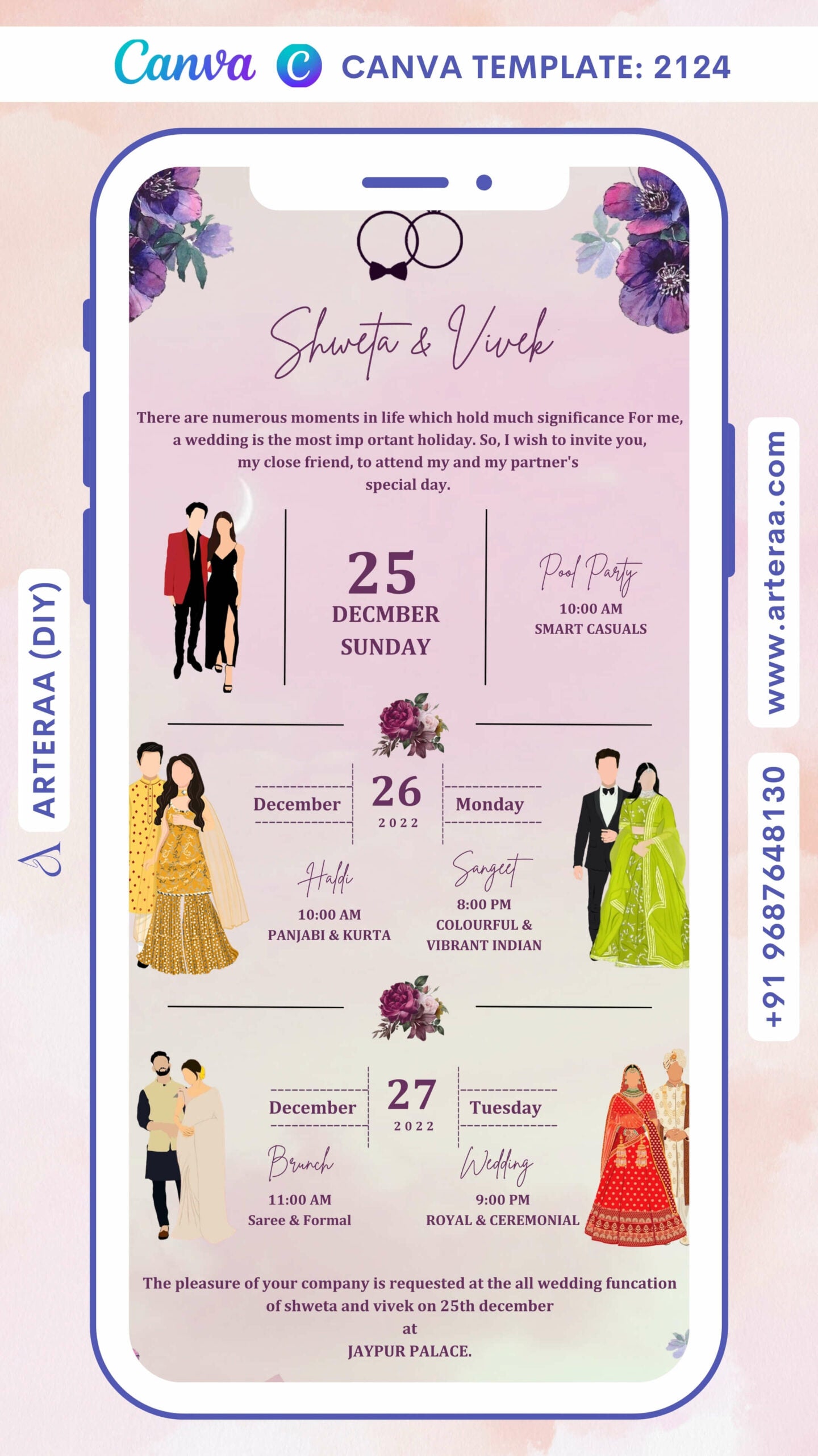 Wedding ceremony invitation card Canva Editable Template of hindu rajasthani royal family in english language with floral theme design 2124