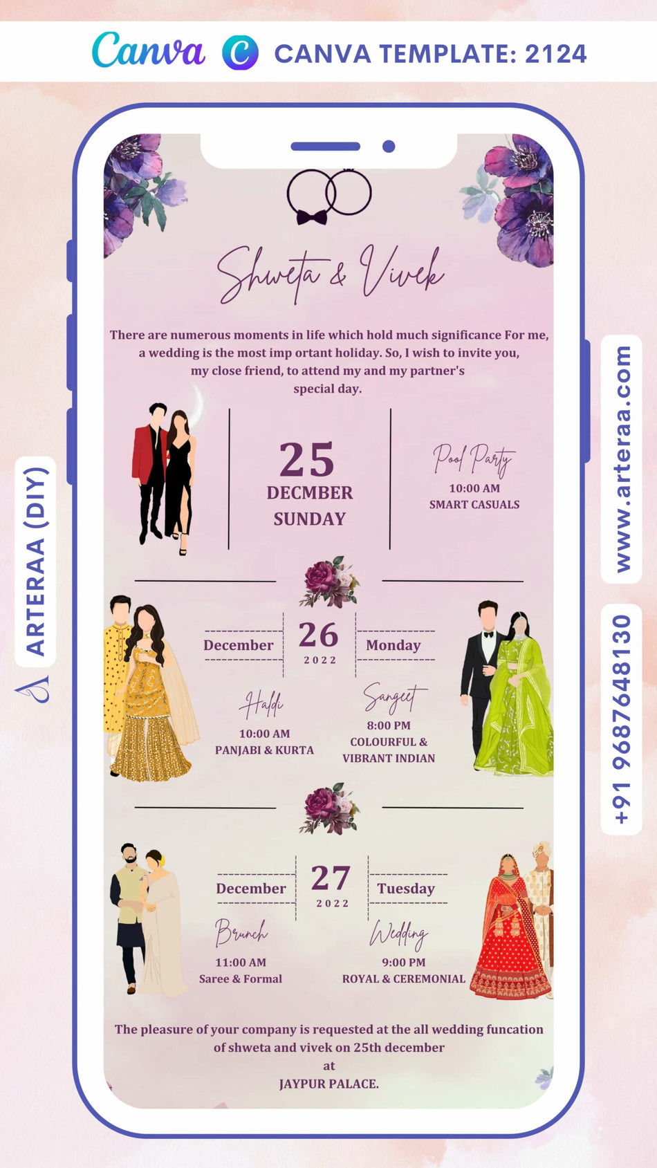 Wedding ceremony invitation card Canva Editable Template of hindu rajasthani royal family in english language with floral theme design 2124