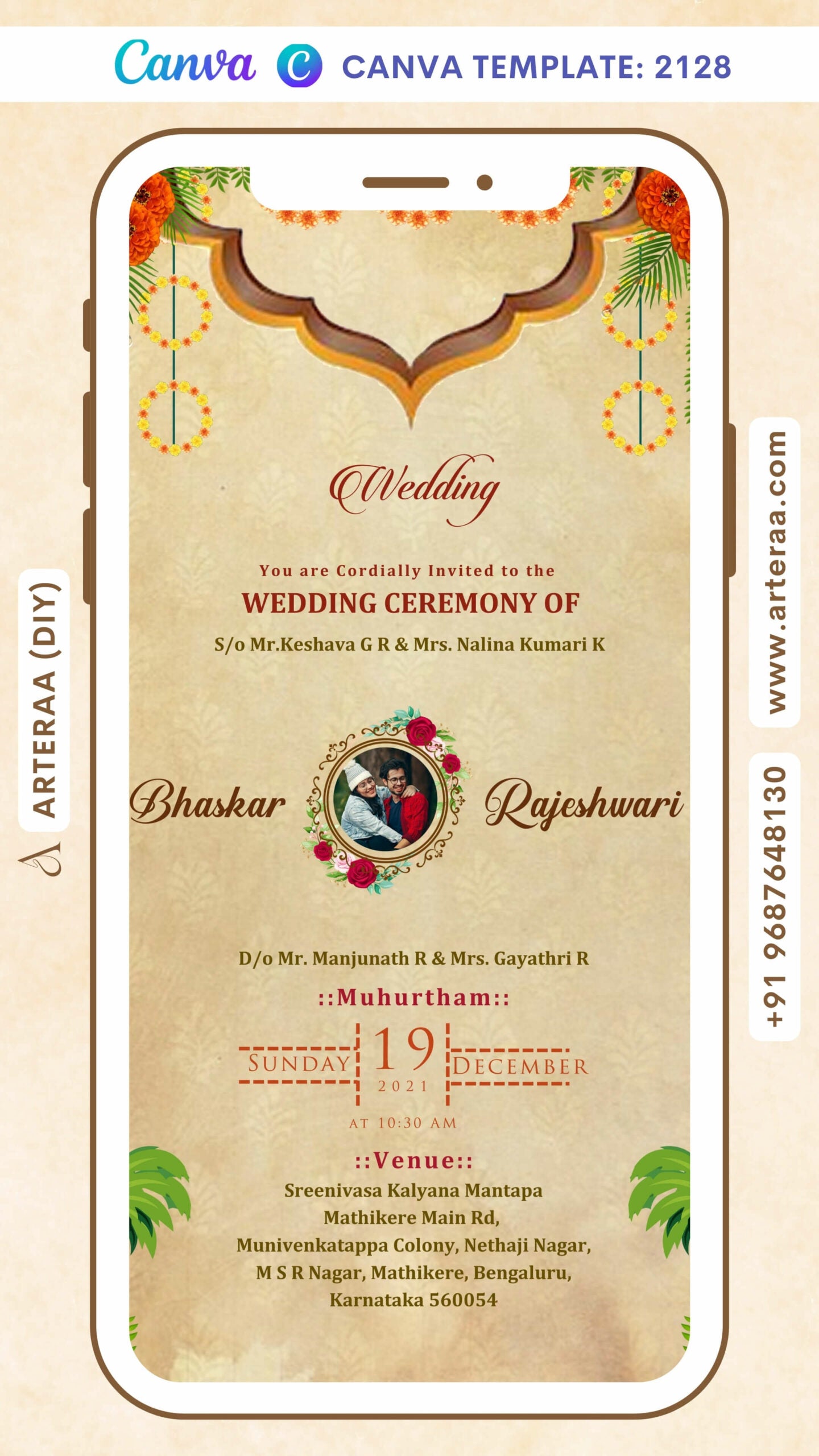 Wedding ceremony invitation card Canva Editable Template of hindu south indian kannada family in english language with couple photo traditional theme design 2128