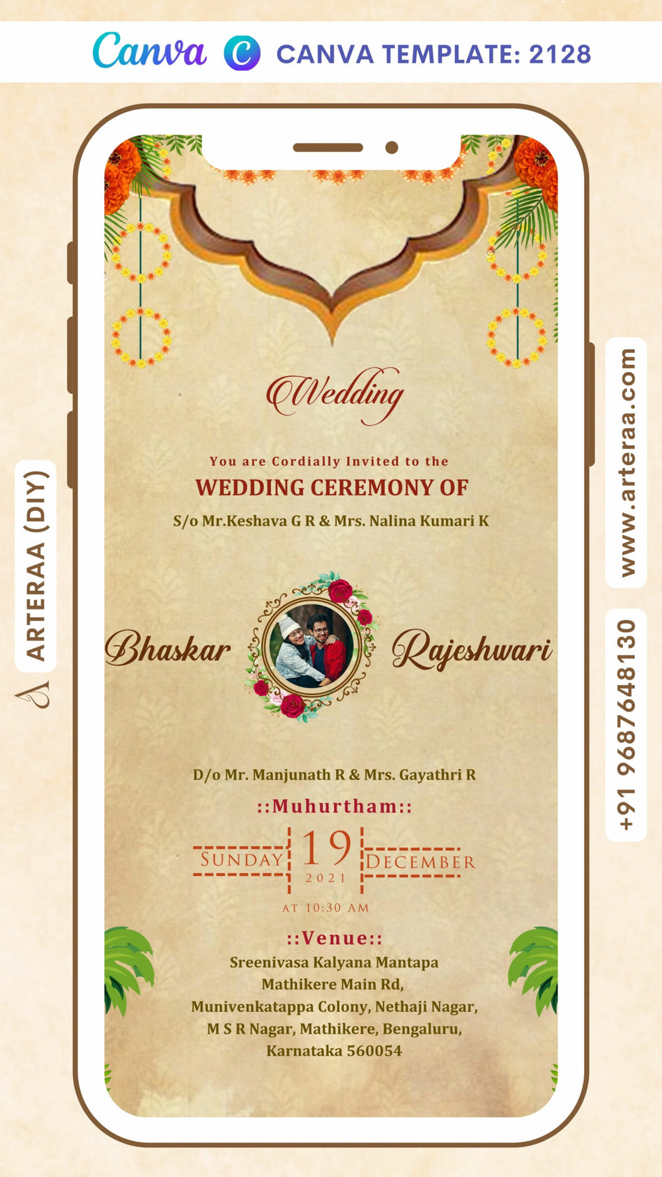 Wedding ceremony invitation card Canva Editable Template of hindu south indian kannada family in english language with couple photo traditional theme design 2128