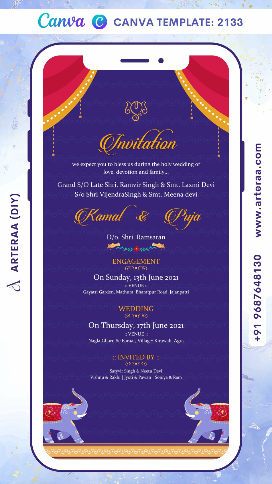 Stylish couple caricature invitation card Canva Editable Template for wedding ceremony of south indian kannada family in english language with Statue of Christ theme design 2123