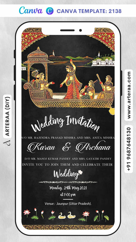 Wedding ceremony invitation card Canva Editable Template of hindu punjabi sikh family in English language with vintage theme design 2138