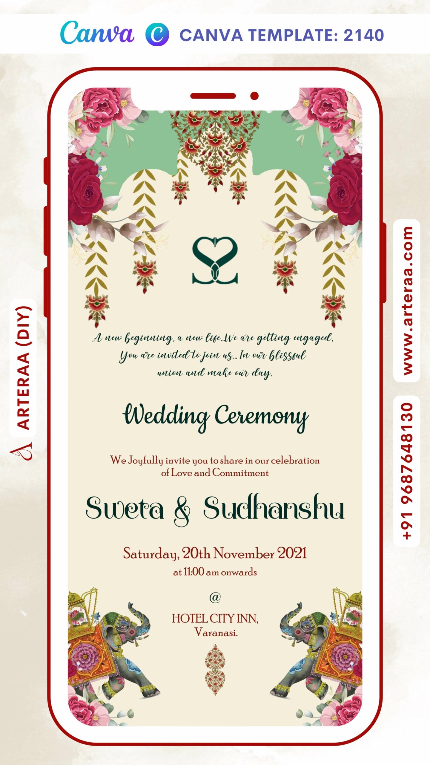 Wedding ceremony invitation card Canva Editable Template of hindu punjabi sikh family in English language with floral theme design 2140