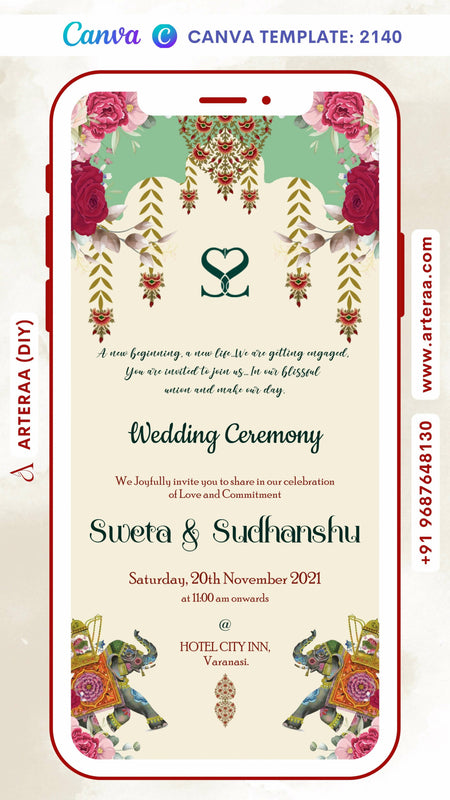 Wedding ceremony invitation card Canva Editable Template of hindu punjabi sikh family in English language with floral theme design 2140