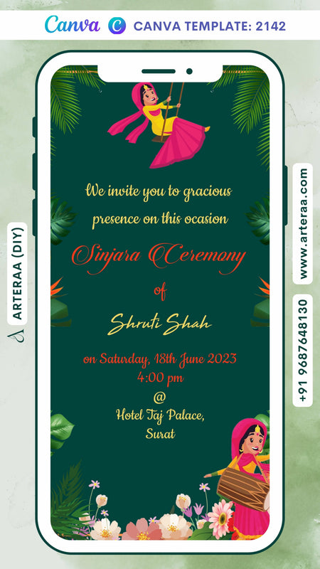 Sinjara ceremony invitation card Canva Editable Template in english language with girl doodle, boho leaves as floral theme design 2142