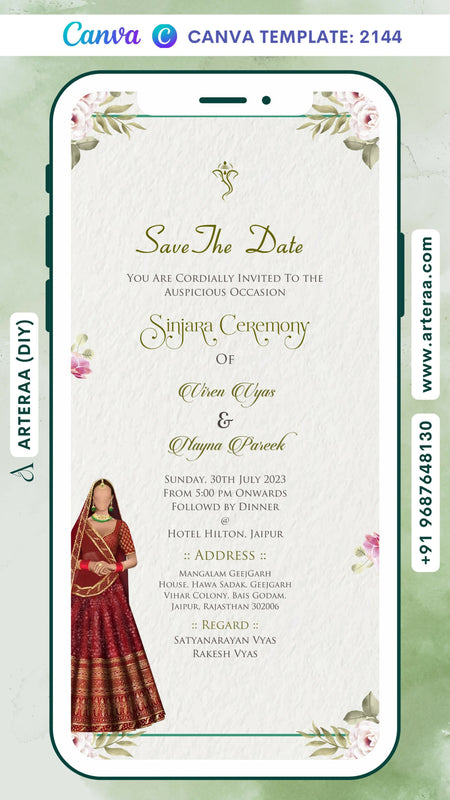 Digital Sinjara Ceremony Invitation of North Indian Family in English Language With Floral Theme Canva Editable Video Template Design No. 2144