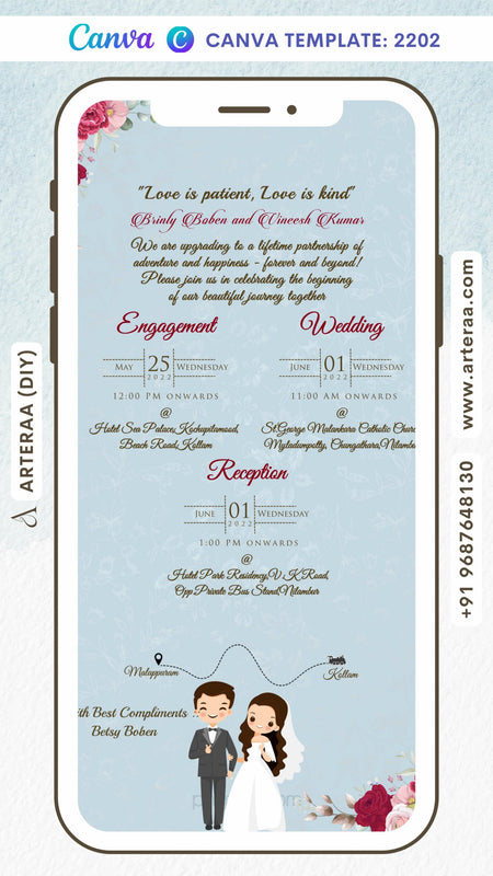 Wedding ceremony invitation card Canva Editable Template of hindu south indian malayali family in english language with two state theme design 2202