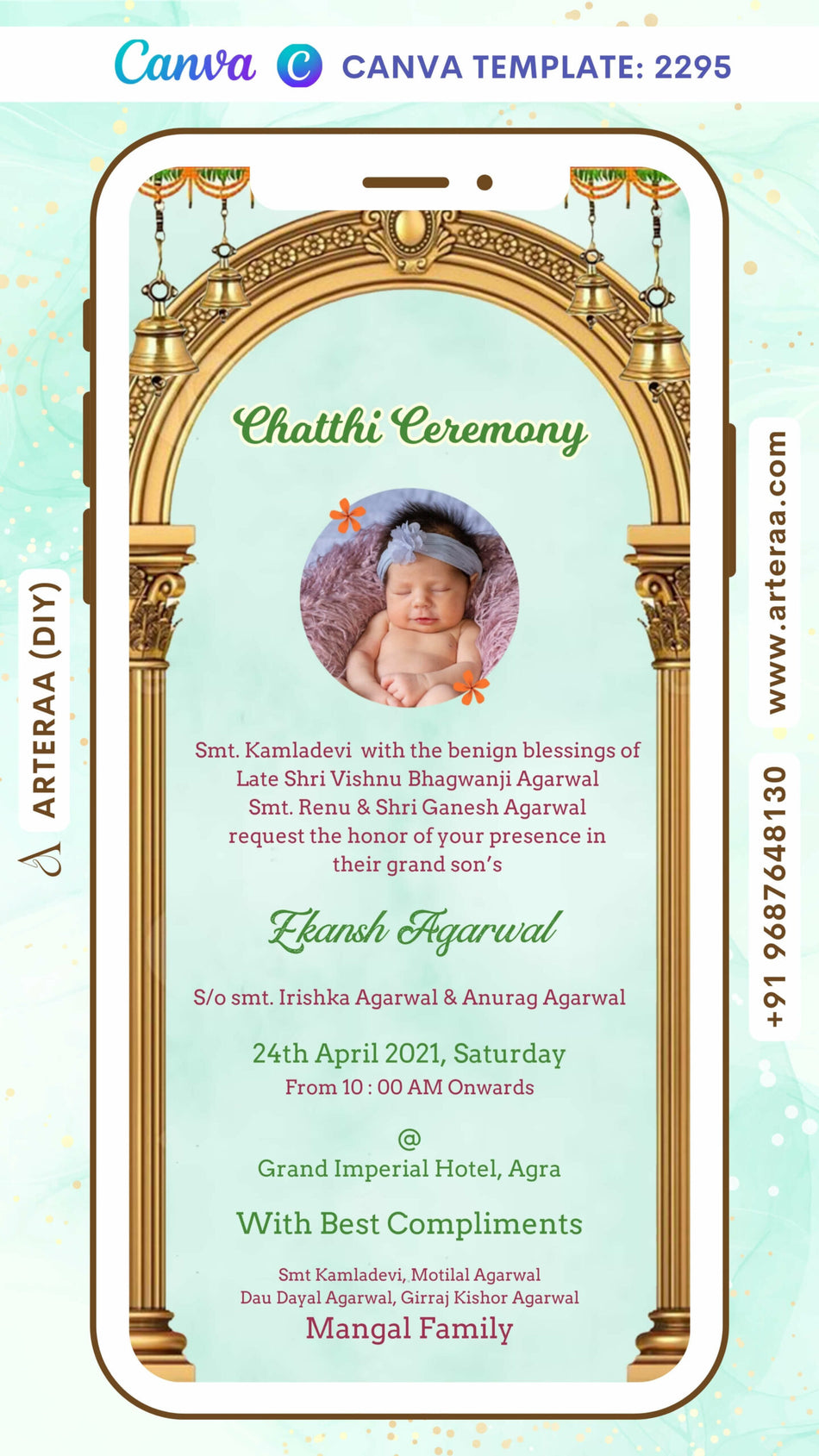 Digital Chatthi Ceremony Invitation Of North Indian Family In English Language With Arch Traditional Theme Canva Editable Template design no - 2295