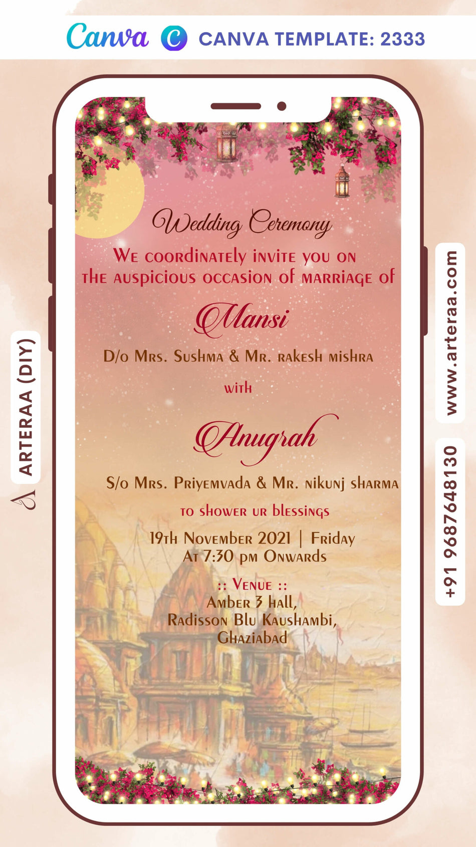 Digital Wedding Ceremony Invitation Of Indian Family In English Language With Floral Theme Canva Editable Template design no - 2333