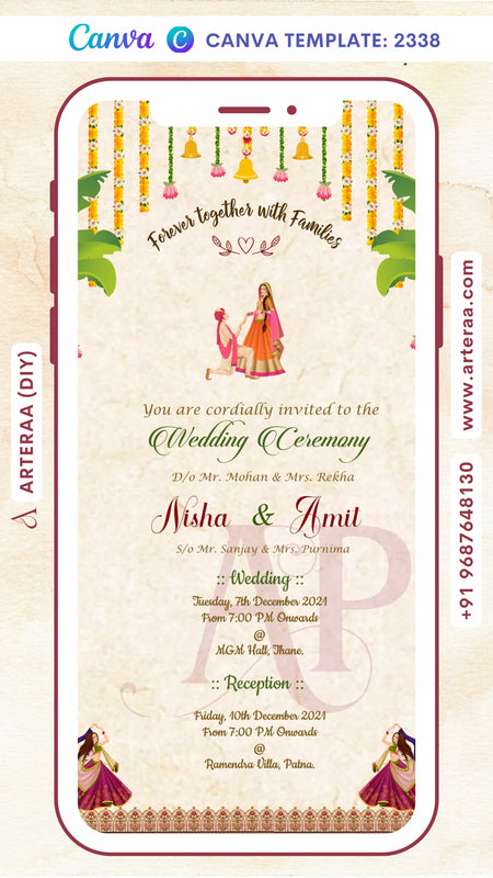 Wedding ceremony invitation card Canva Editable Template of hindu maharashtrian marathi family in english language with traditional theme design 2338