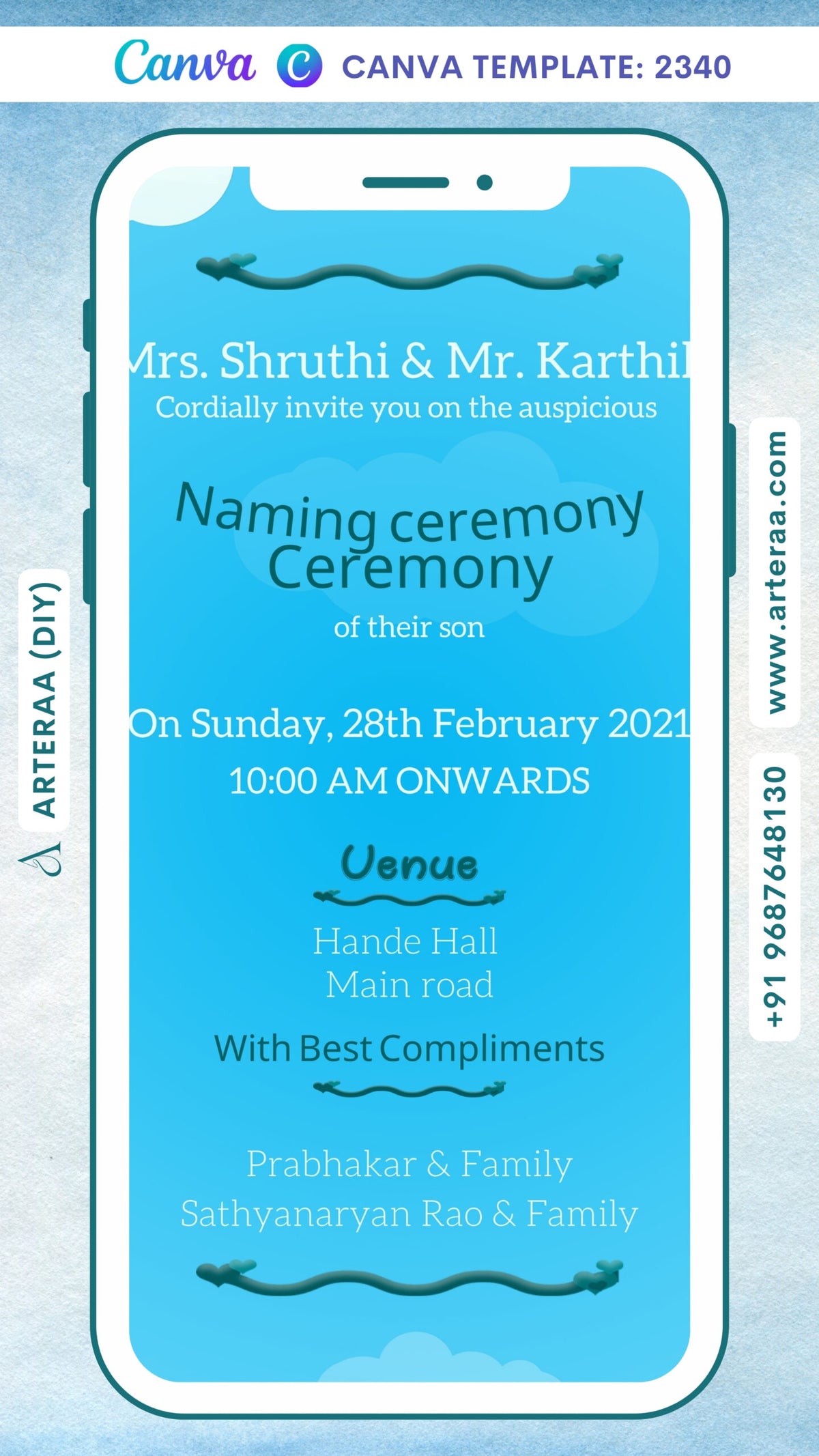 Baby Naming ceremony invitation card Canva Editable Template in english language with cloud as minimalistic theme design 2340