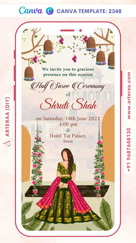 half saree ceremony invitation Canva Editable video Template in english language with traditional theme design 2348