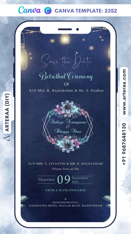 Betrothal ceremony invitation card Canva Editable Template for Catholic family in english language with flowers, frame as glitter theme design 2352
