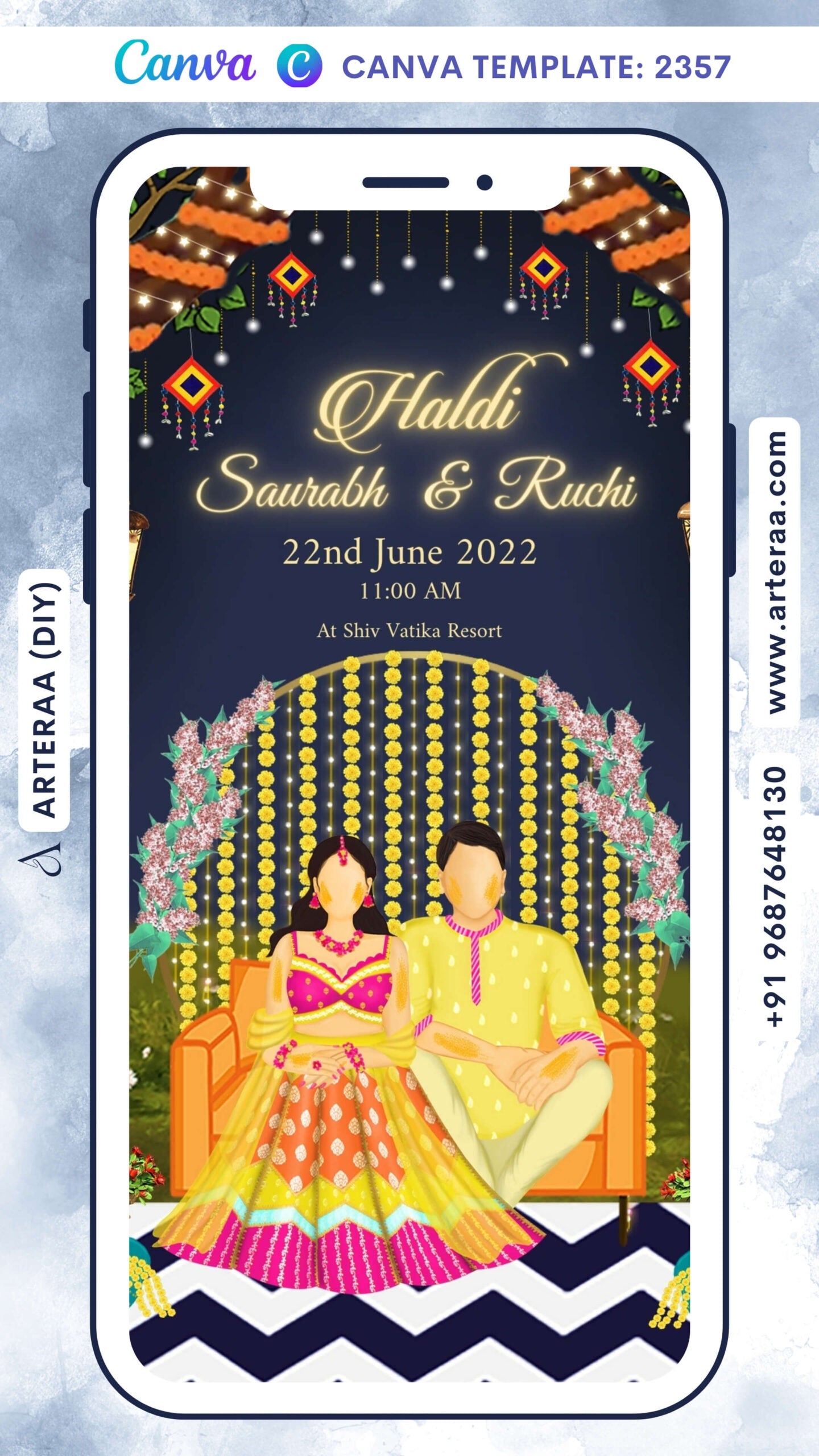 Haldi ceremony invitation Canva Editable video Template in english language with couple doodle, string lights as night view theme design 2357