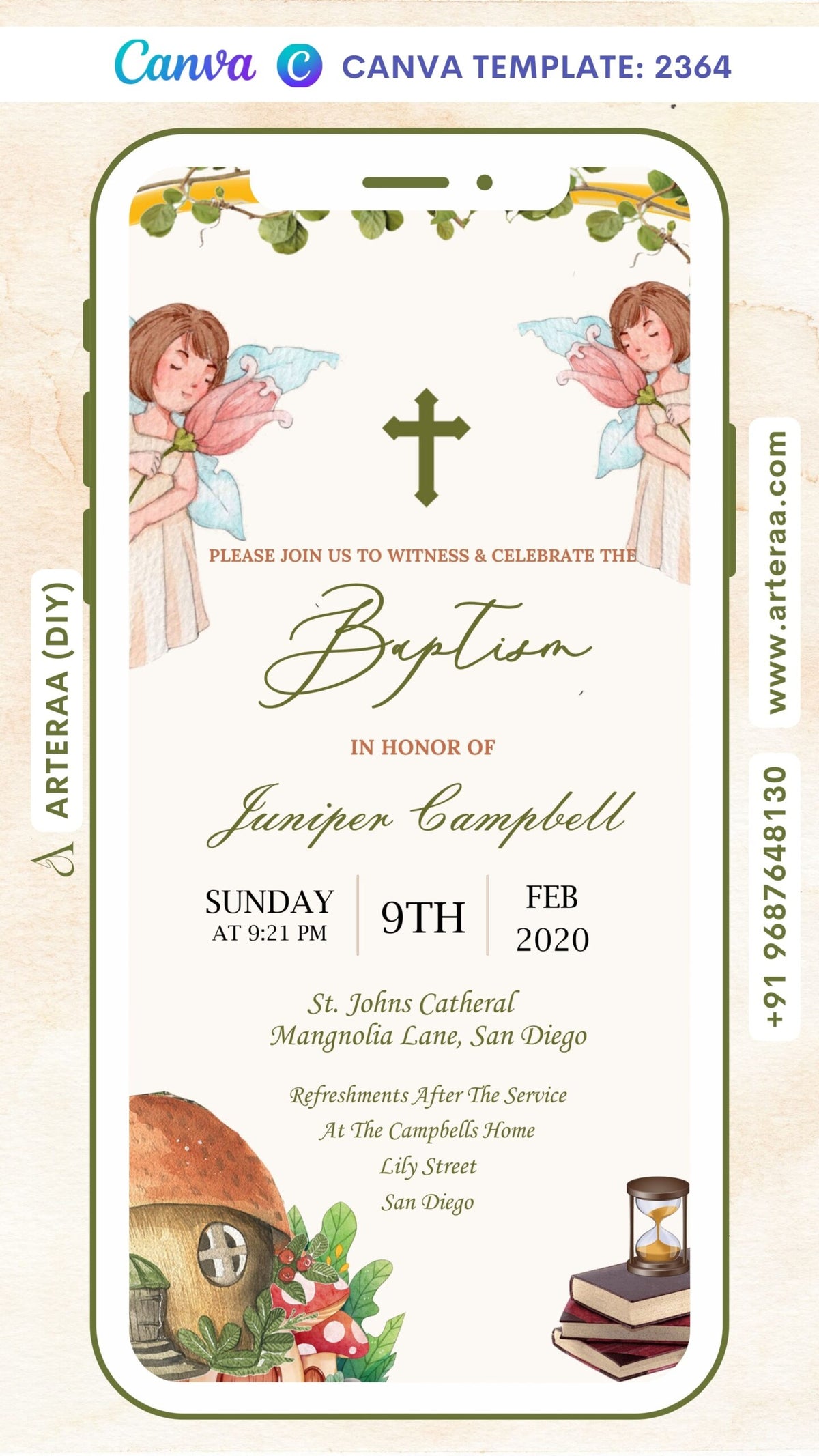 Baptism ceremony invitation card Canva Editable Template in english language with house, gate as fairytale theme design 2364