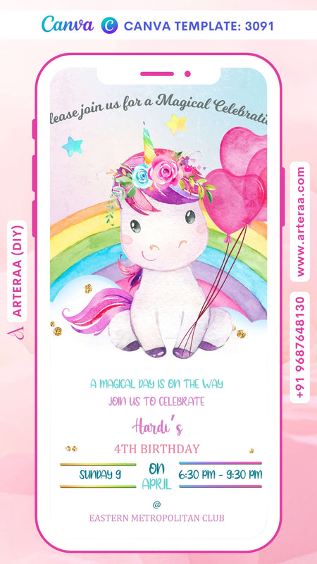 Birthday party invitation card by canva for girl in English language with unicorn theme Canva Editable Template design 3091