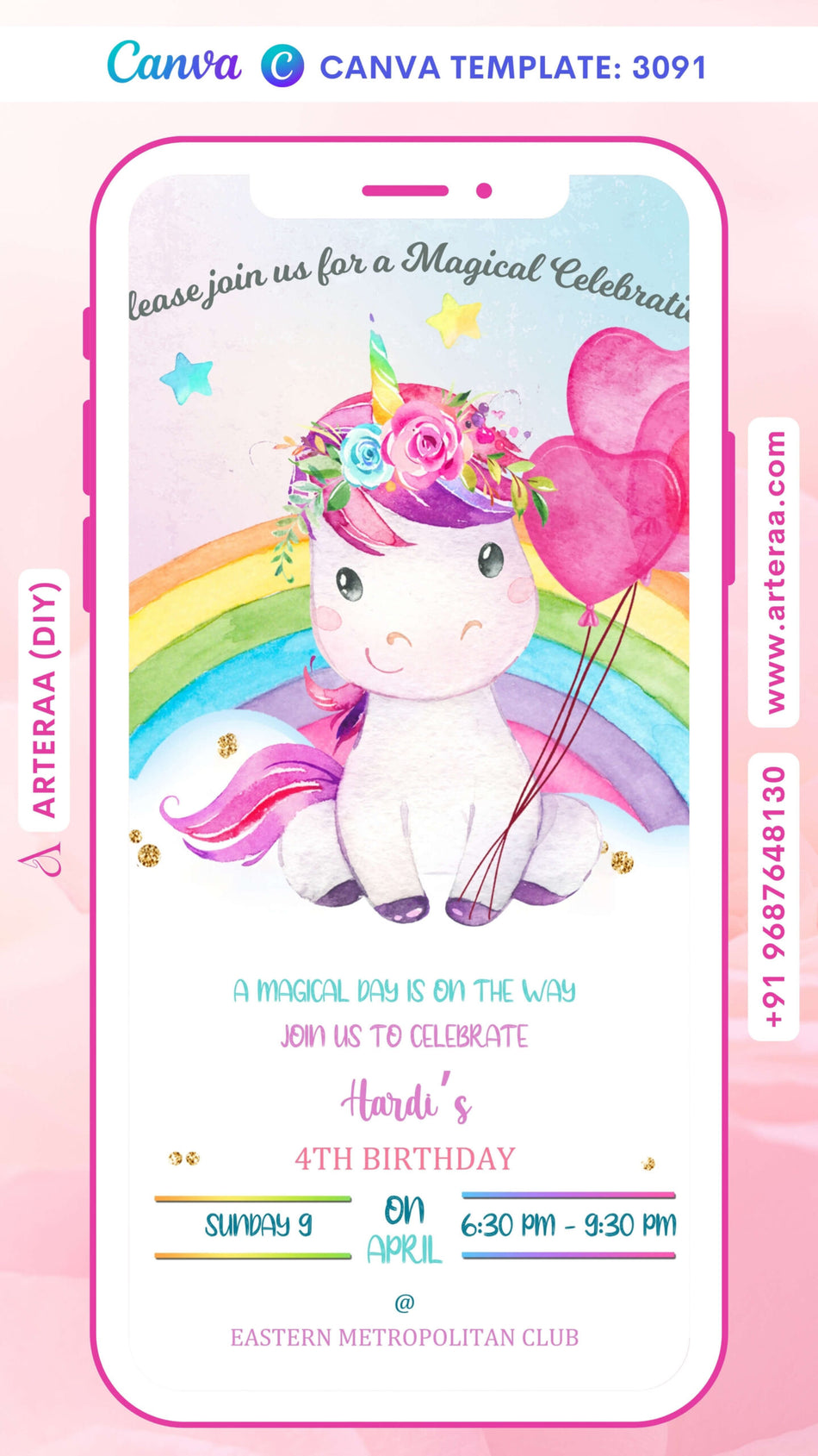 Birthday party invitation card by canva for girl in English language with unicorn theme Canva Editable Template design 3091