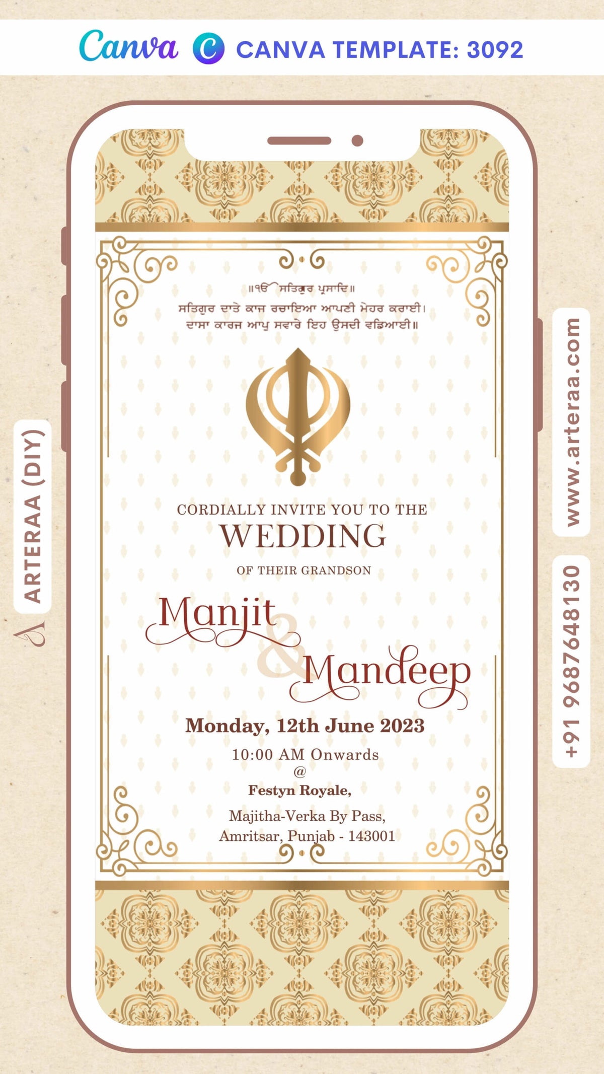 Wedding ceremony invitation card by canva of hindu punjabi sikh family in english language with vintage theme Canva Editable Template design 3093