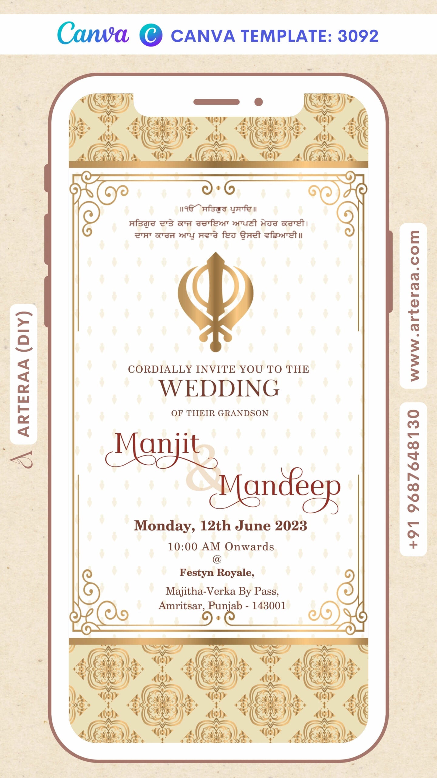 Wedding ceremony invitation card by canva of hindu punjabi sikh family in english language with vintage theme Canva Editable Template design 3093