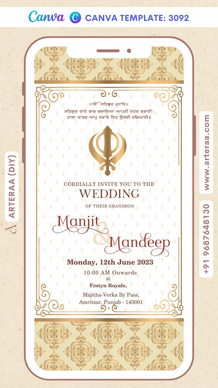 Wedding ceremony invitation card by canva of hindu punjabi sikh family in english language with vintage theme Canva Editable Template design 3093
