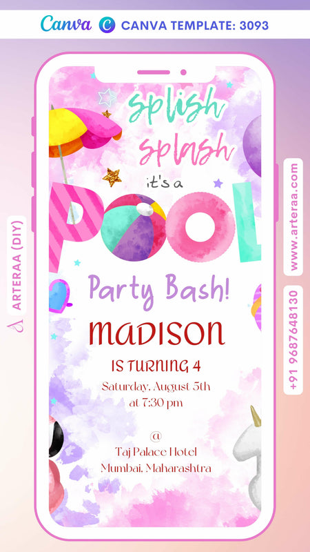 Pool Party invitation card by canva in english language with flamingo, balloons as playful theme Canva Editable Template design 3094