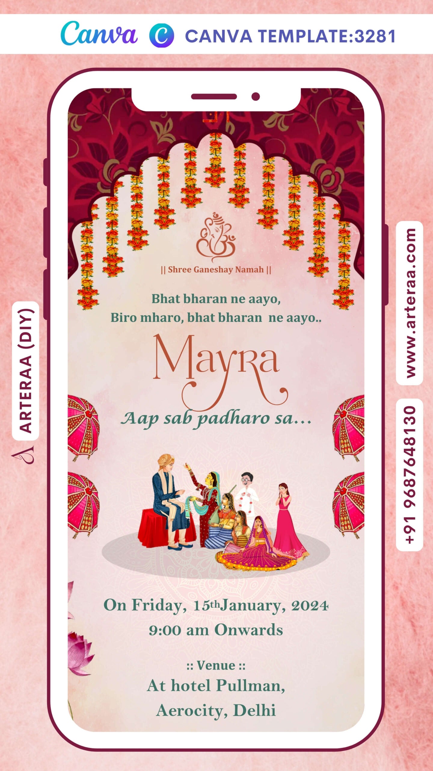 Mayra Ceremony invitation Canva Editable video Template in english language with marigold garland, umbrella as traditional theme design 3281