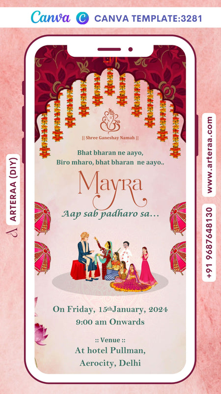 Mayra Ceremony invitation Canva Editable video Template in english language with marigold garland, umbrella as traditional theme design 3281