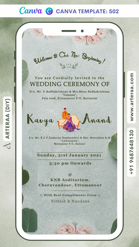 Wedding ceremony invitation card Canva Editable Template of hindu south indian malayali family in english language with Floral theme design 502