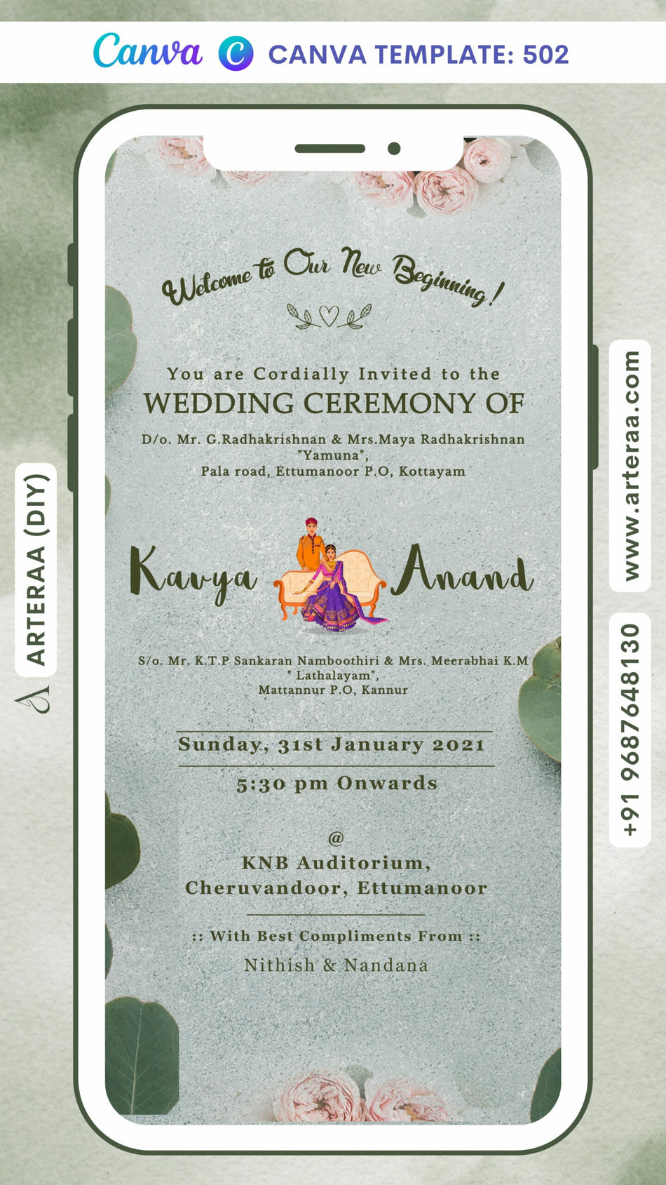 Wedding ceremony invitation card Canva Editable Template of hindu south indian malayali family in english language with Floral theme design 502
