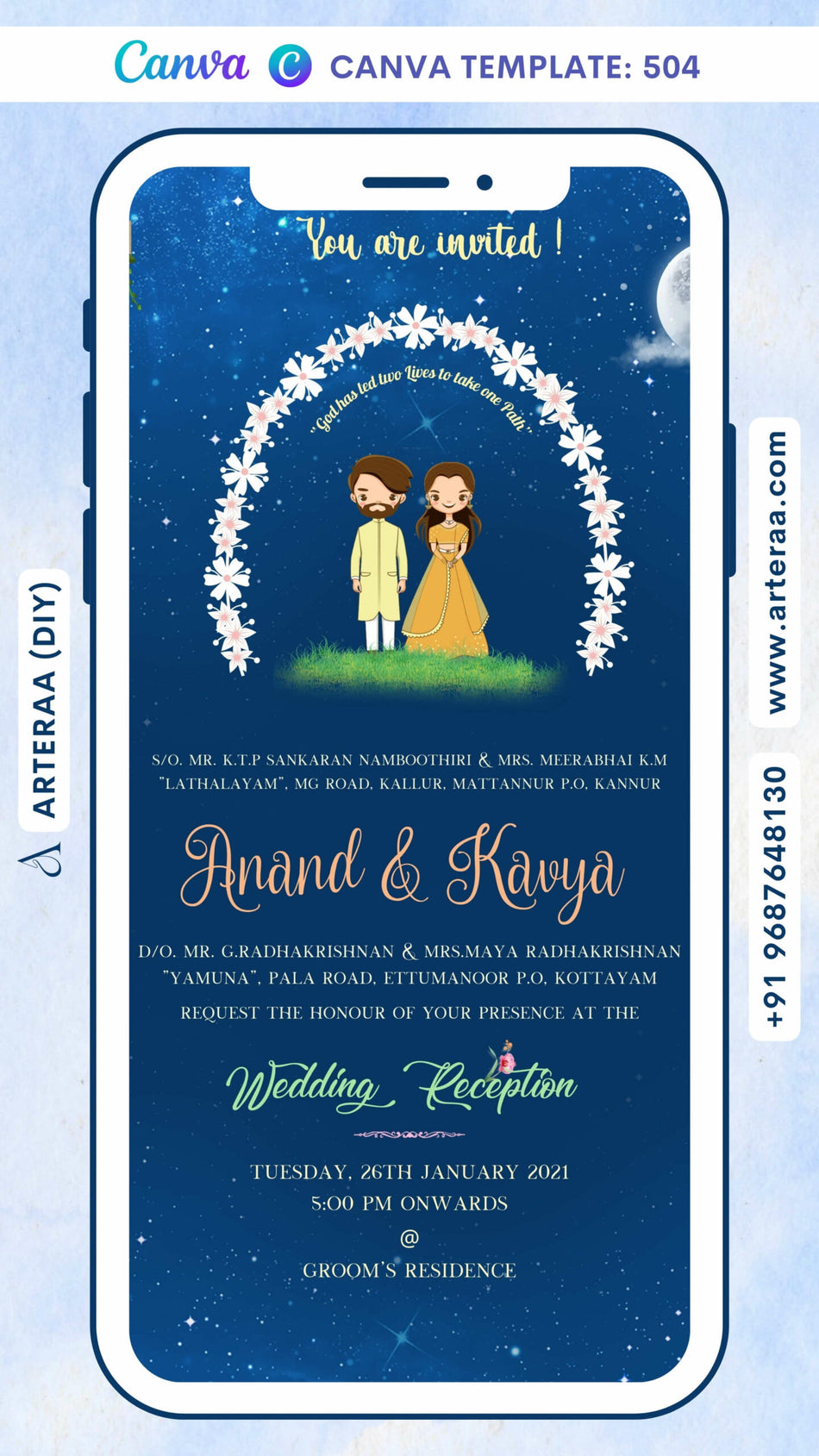 Wedding ceremony invitation card Canva Editable Template of hindu south indian malayali family in english language with Minimalistic theme design 504
