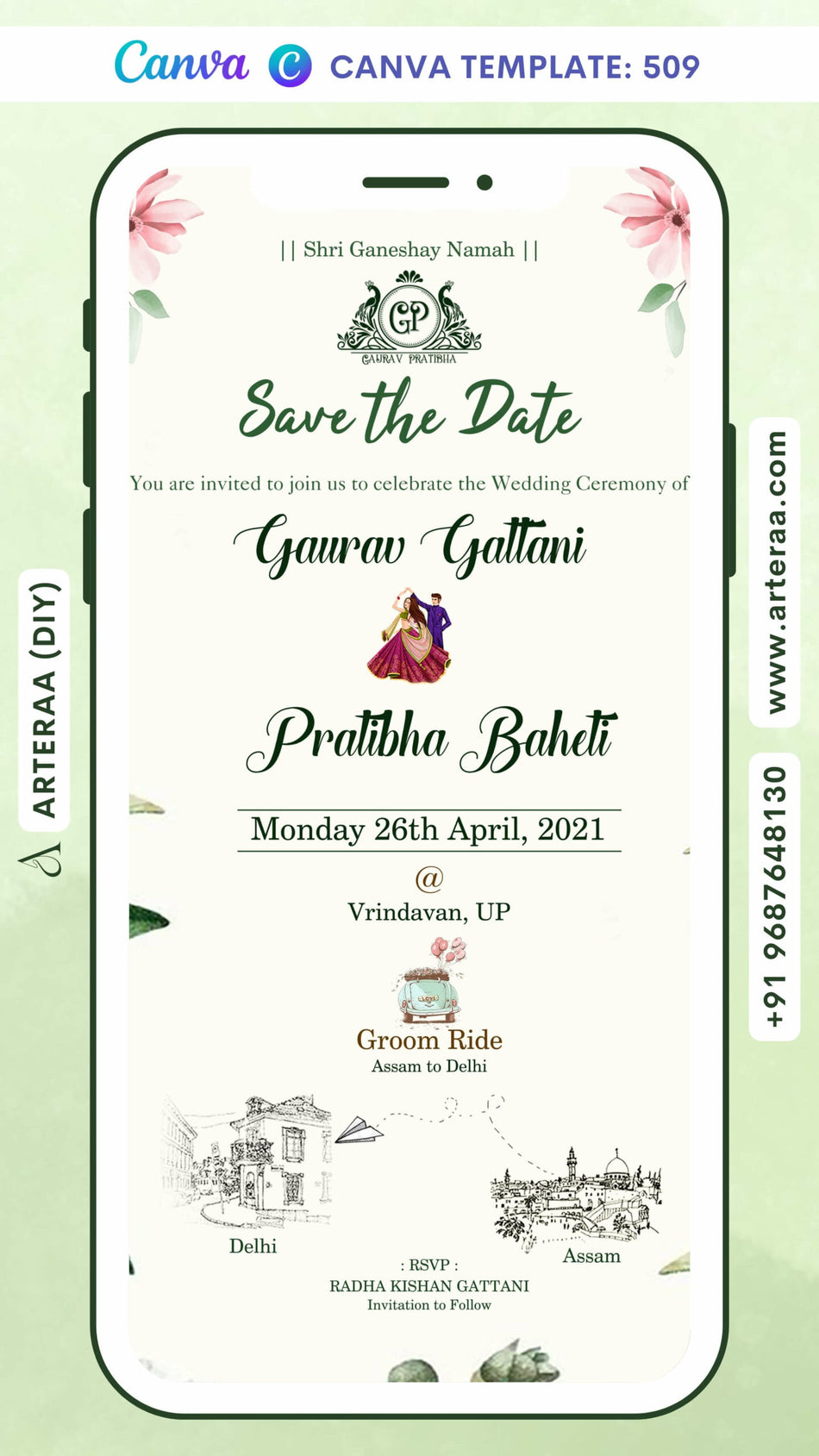 Save the Date card Canva Editable Template in english language with romantic couple doodle, couple logo as floral theme design 509