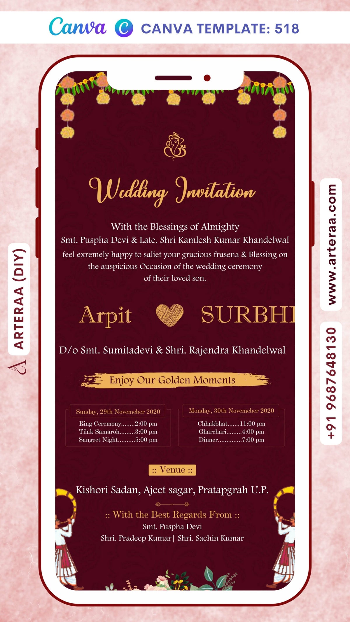 Wedding ceremony invitation card Canva Editable Template of hindu north indian bhojpuri family in english language with Minimalistic theme design 518