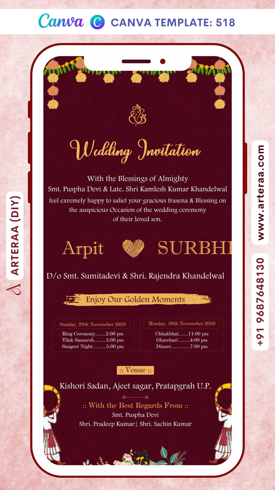 Wedding ceremony invitation card Canva Editable Template of hindu north indian bhojpuri family in english language with Minimalistic theme design 518