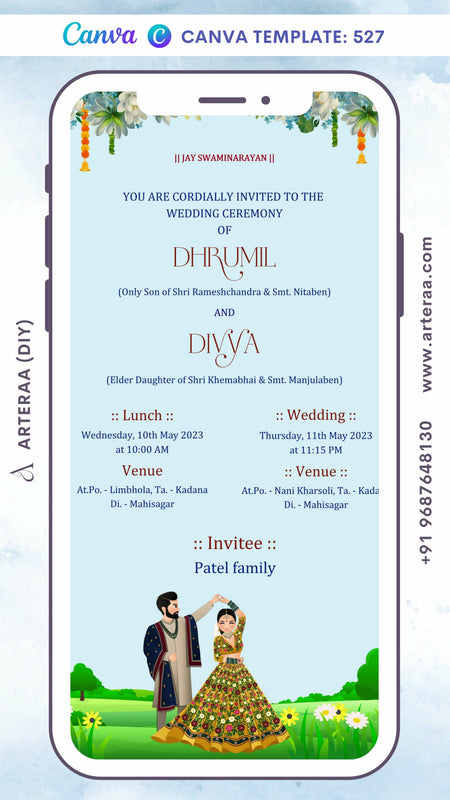 Wedding ceremony invitation card Canva Editable Template of hindu gujarati patel family in english language with Garden theme design 527
