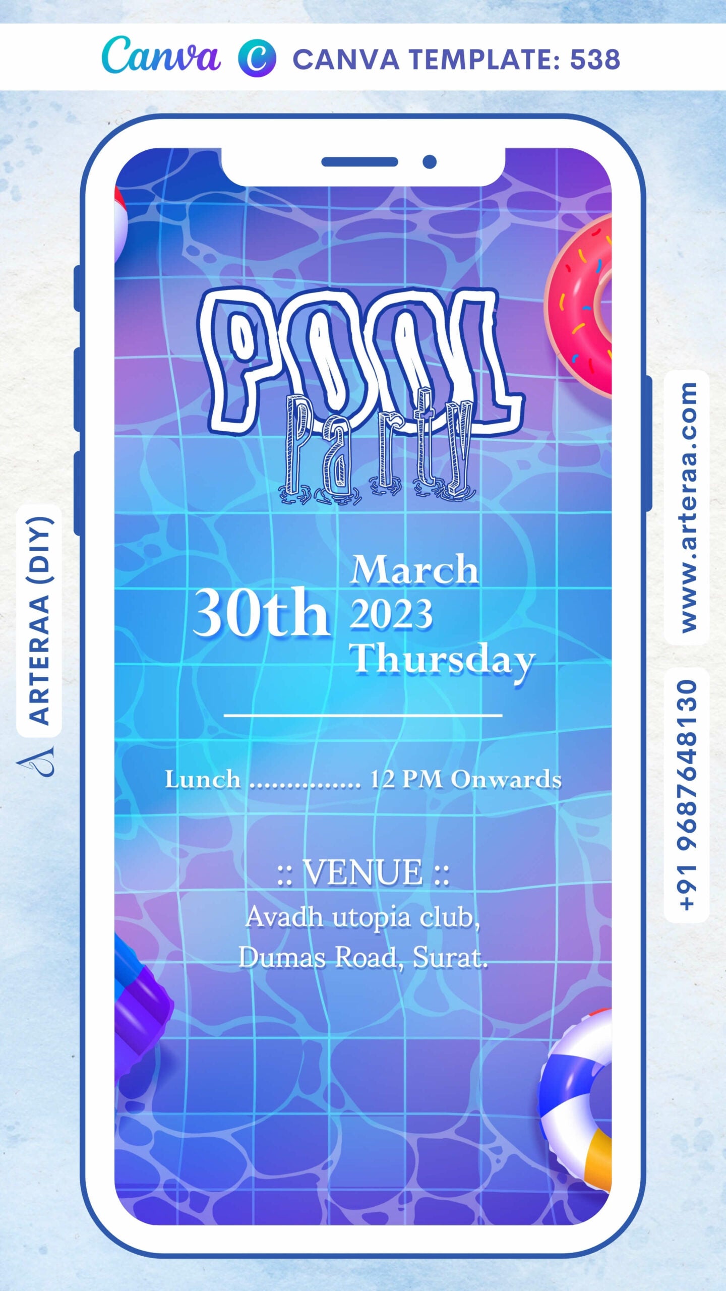 Pool Party invitation card Canva Editable Template in english language with swimming tube, ball as elegant theme design 538