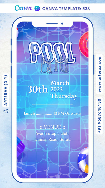 Pool Party invitation card Canva Editable Template in english language with swimming tube, ball as elegant theme design 538