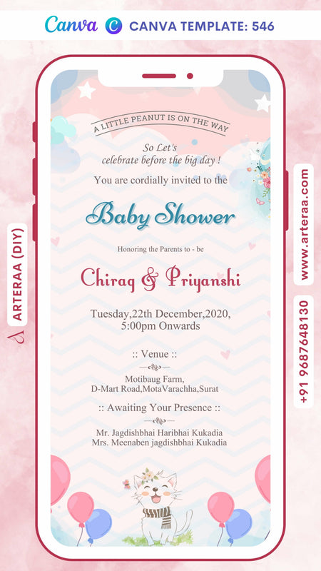 Baby Shower ceremony invitation card Canva Editable Template in english language with stars, balloon, baby toy, cloth as playful theme design 546