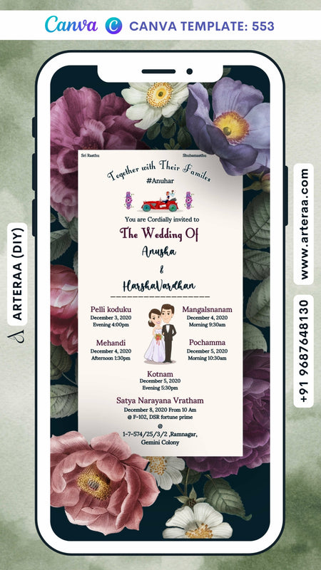 Wedding ceremony invitation card Canva Editable Template of hindu south indian telugu family in english language with Floral theme design 553
