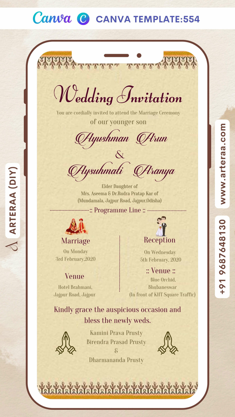 Wedding ceremony invitation card Canva Editable Template of hindu hindu Odiya family in english language with Minimalistic theme design 554