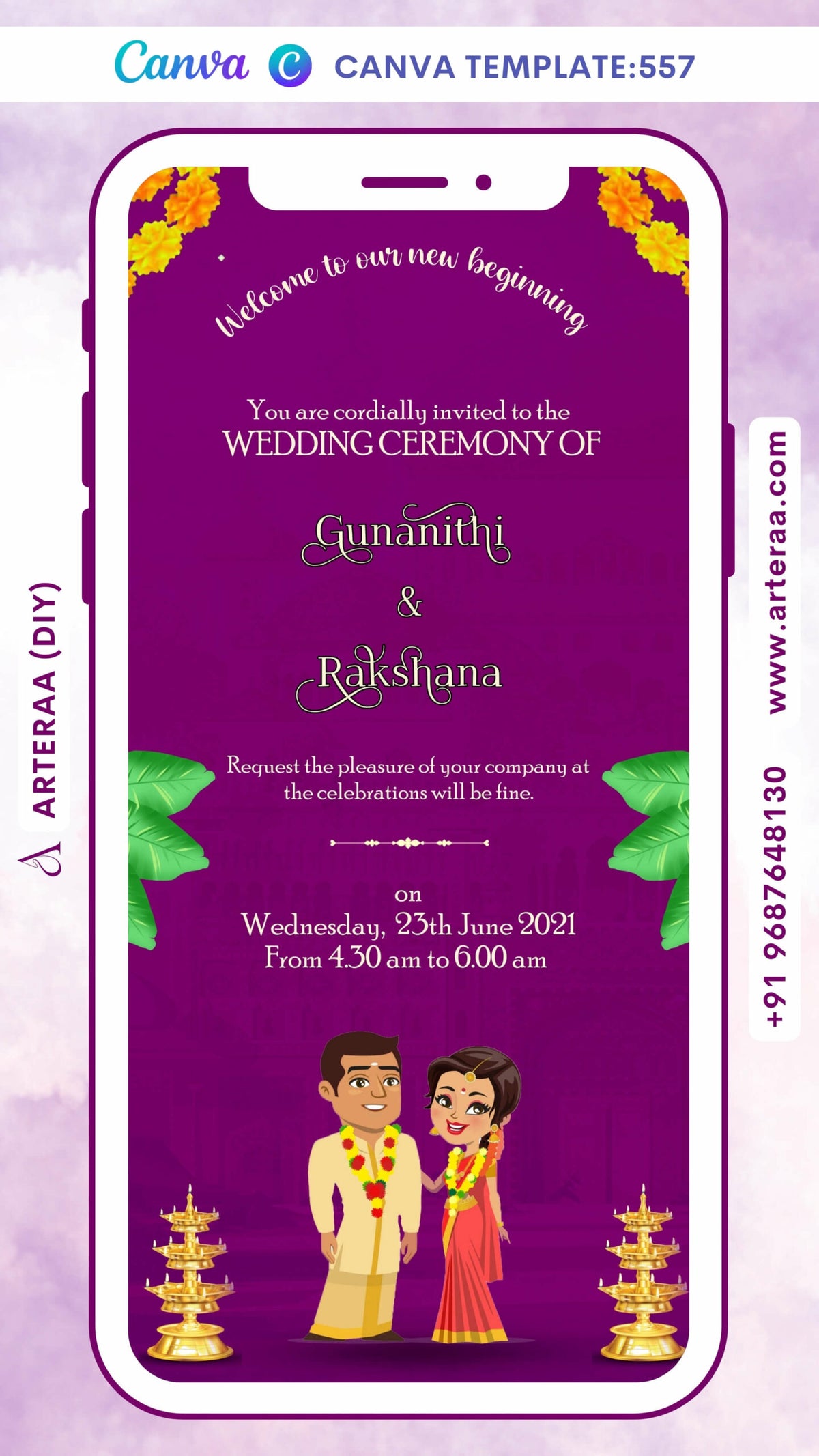 Wedding ceremony invitation card Canva Editable Template of hindu south indian malayali family in english language with minimalistic theme design 557