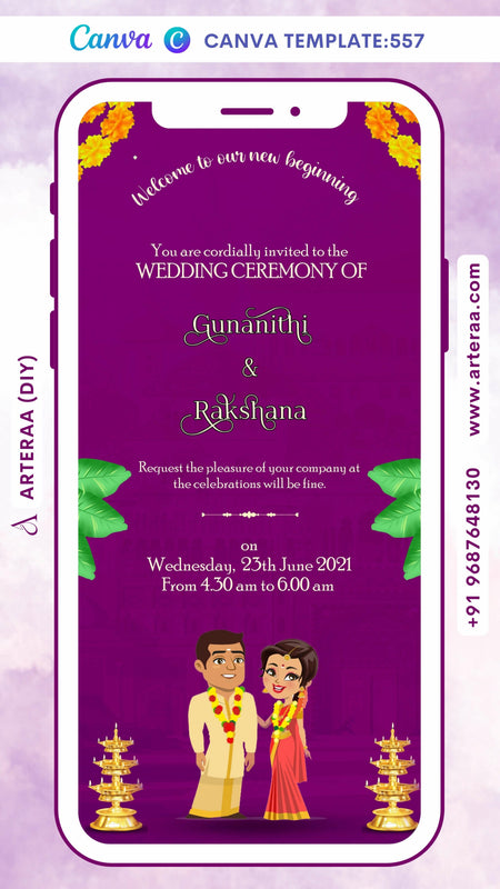 Wedding ceremony invitation card Canva Editable Template of hindu south indian malayali family in english language with minimalistic theme design 557