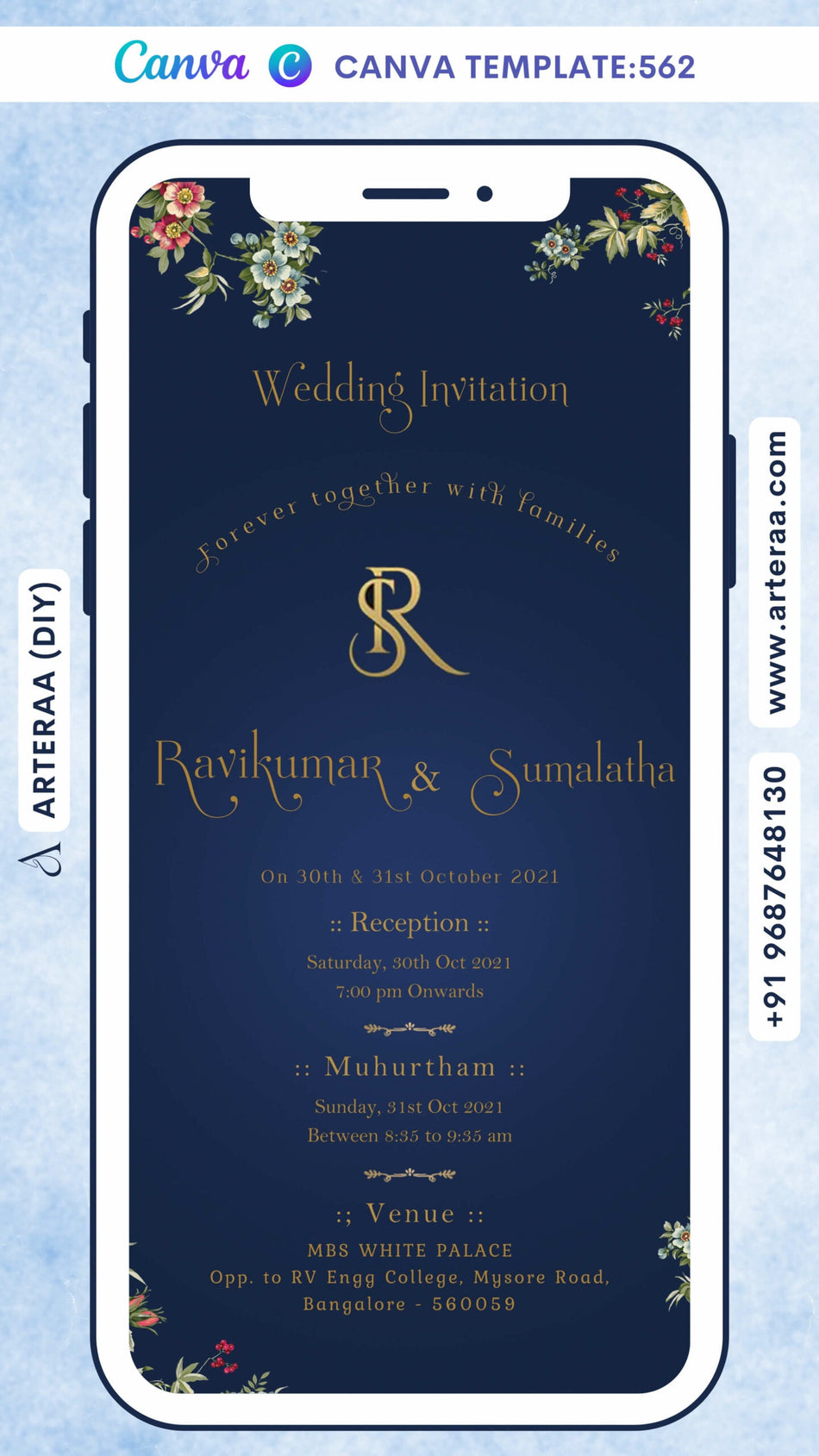 Wedding ceremony invitation card Canva Editable Template of hindu south indian kannada family in english language with Minimalistic theme design 562