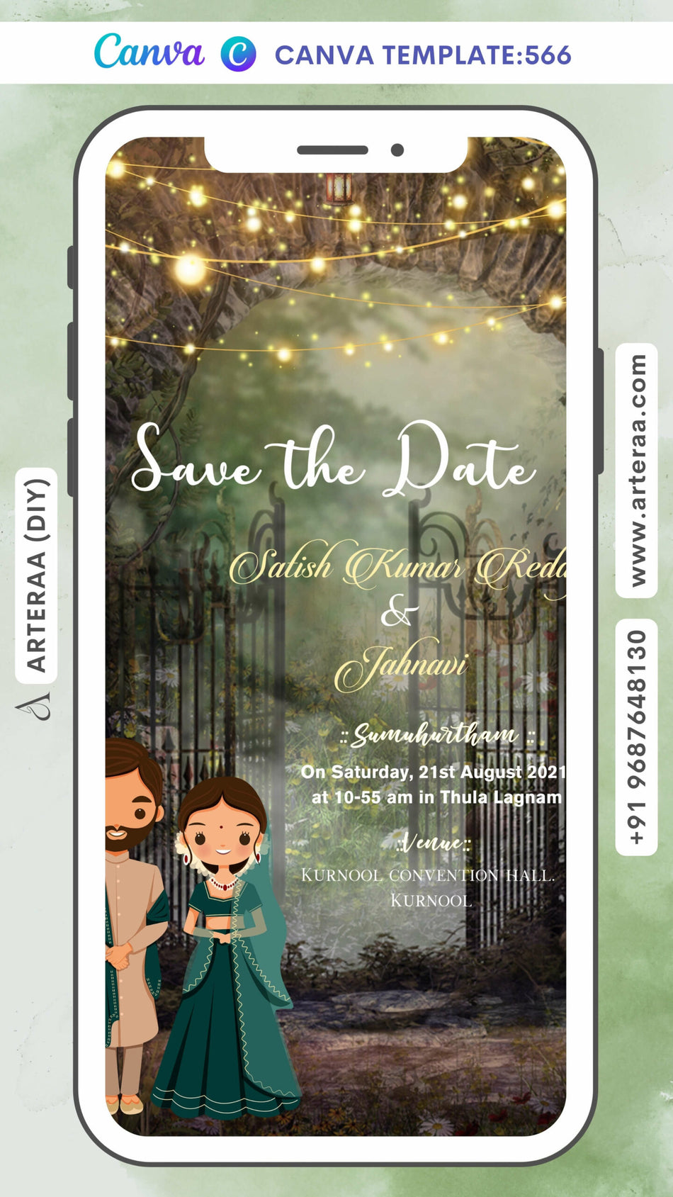 Save the Date card Canva Editable Template in english language with adorable couple doodle as horror theme design 566