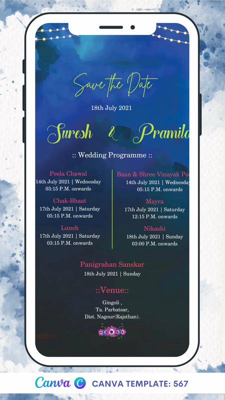 Wedding ceremony invitation card Canva Editable Template of hindu rajasthani rajput family in english language with Shining theme design 567