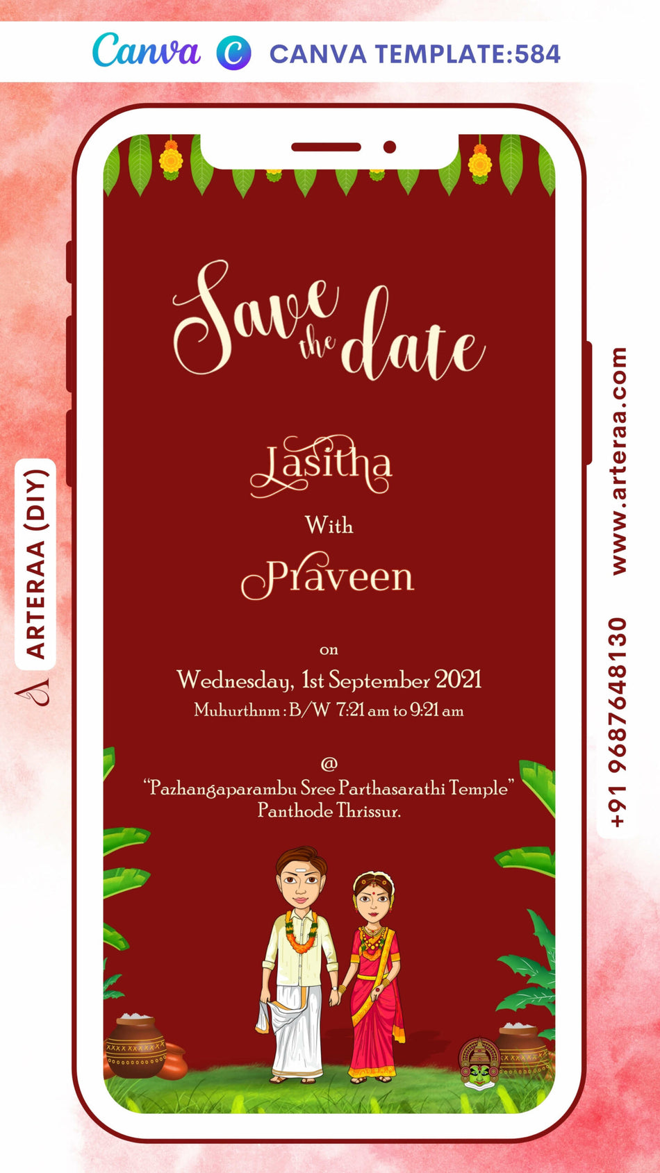 Save the Date card Canva Editable Template in english language with adorable couple doodle as traditional theme design 584