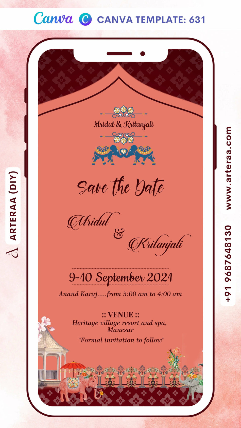 Save the Date card Canva Editable Template in english language with flowers as Arch frame theme design 631
