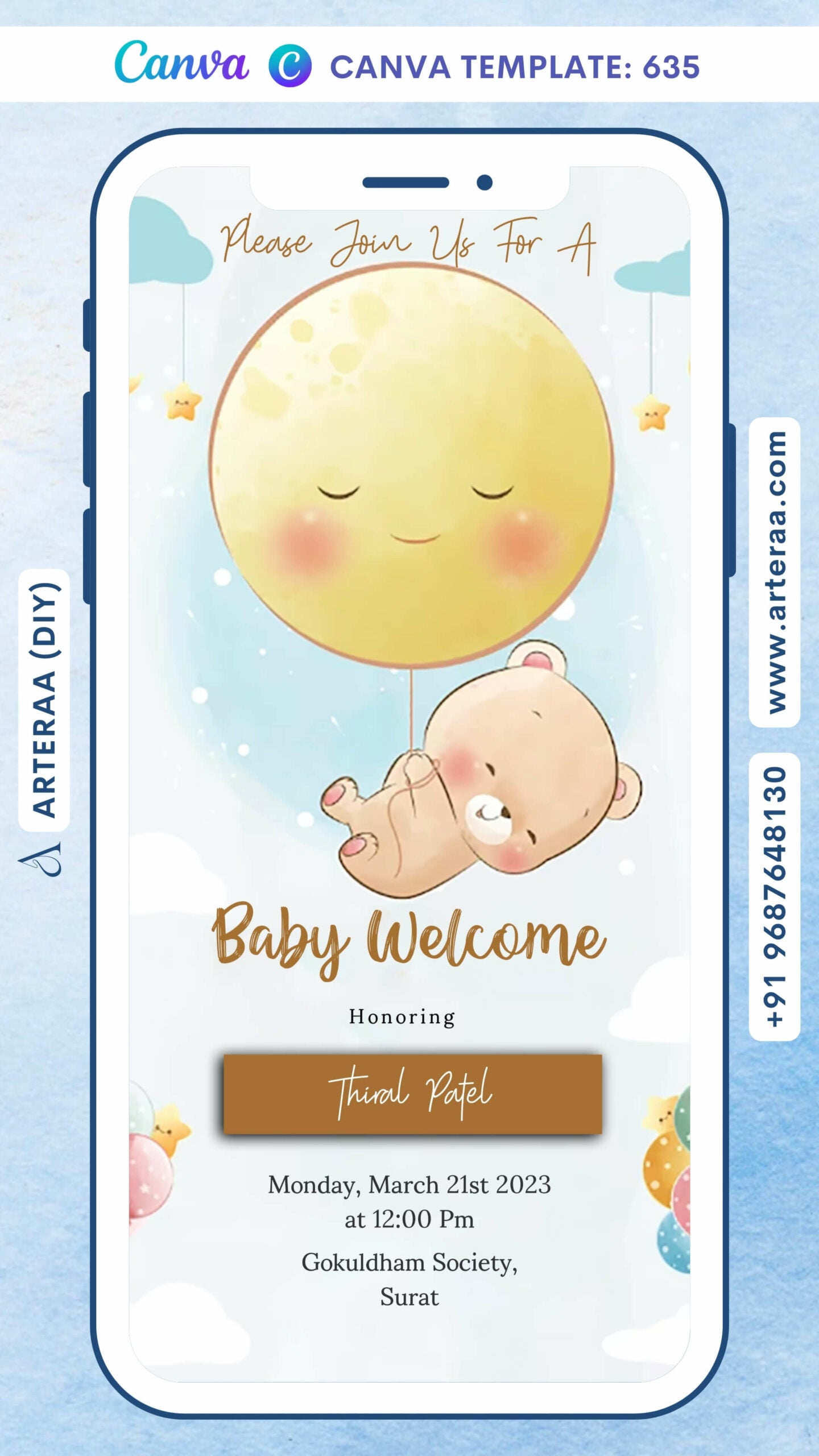 Baby welcome party invitation card Canva Editable Template in english language with playful theme design 635