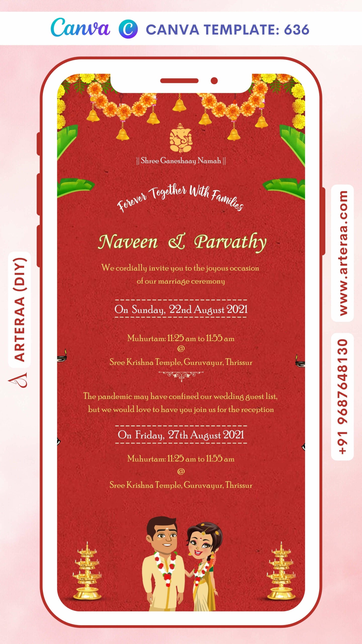 Wedding ceremony invitation card Canva Editable Template of hindu south indian malayali family in english language with Traditional theme design 636